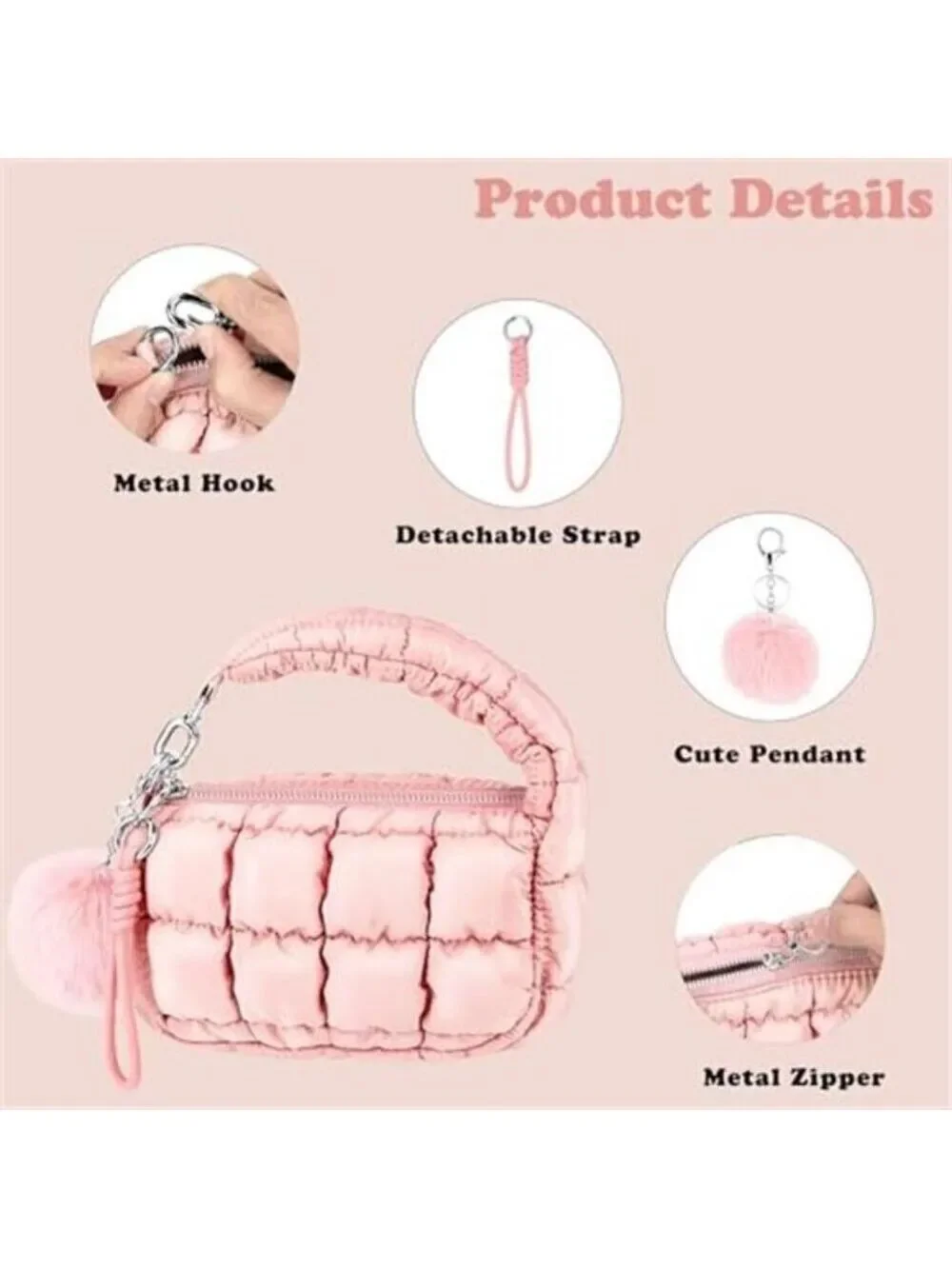 Women Pink Quilted Wristlet Bag Puffer Handbags Purse